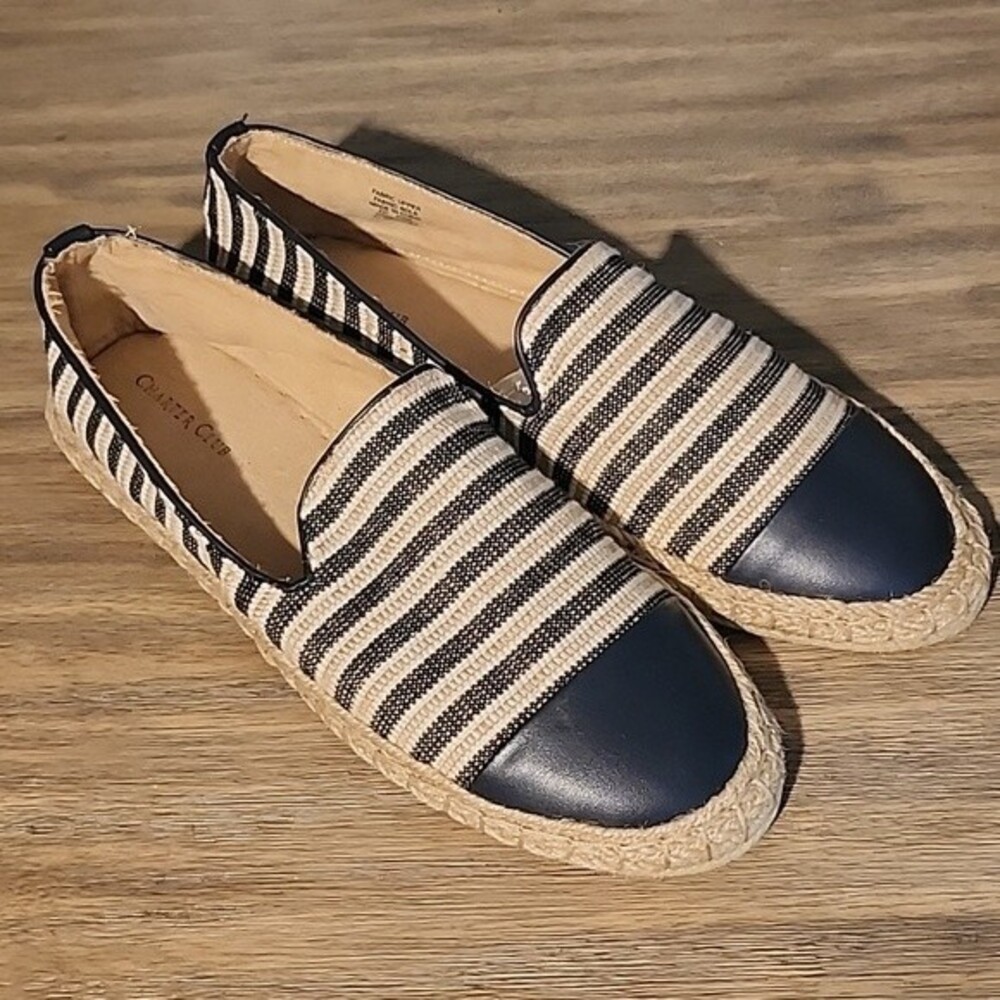 NIB Charter Club Women's Navy and Tan Stripe Espadrille Flats Size 10.5 M